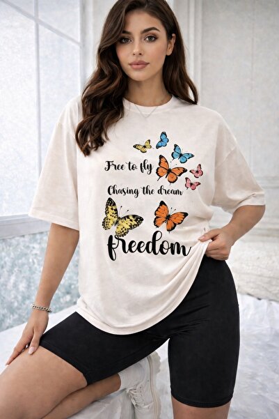 SANTAMİLA Free to Fly Butterfly Patterned Beige T-Shirt & Black Leggings Set
