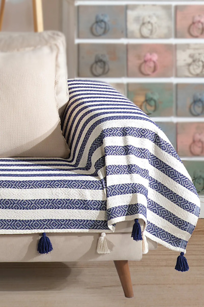 Lux Touch Pera Navy Blue με φούντα Κάλυμμα καναπέ 300x110 cm 3m King Size Pom...