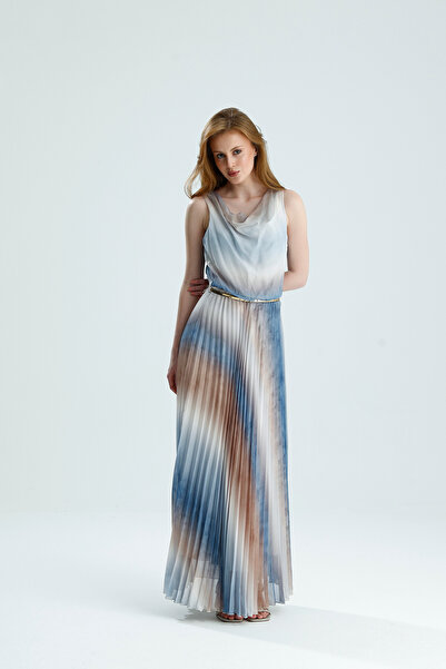 ŞEYDA ERTEM Blue and Brown Color Brushed Patterned Pleated Dress