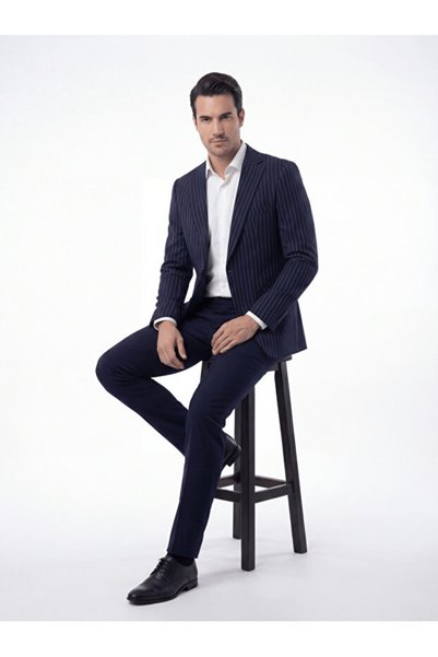 Bonesti Men's Slim Fit Blazer Jacket Navy Blue Striped