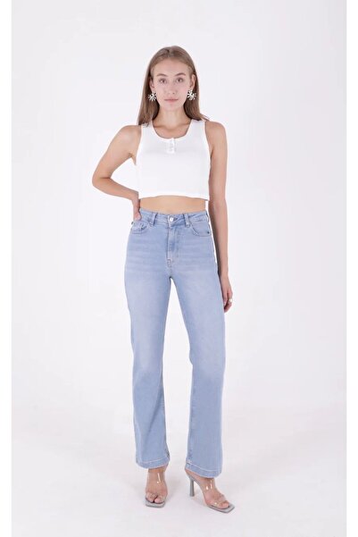 Coşkun GİYİM Γυναικείο τζιν παντελόνι με ραφές στο ψηλόμεσο μέρος και χαλαρό ...