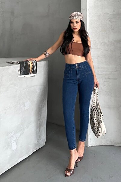 Coşkun GİYİM Γυναικείο ψηλόμεσο τζιν παντελόνι σε στενή γραμμή ΣΚΟΥΡΟ ΜΠΛΕ 70...