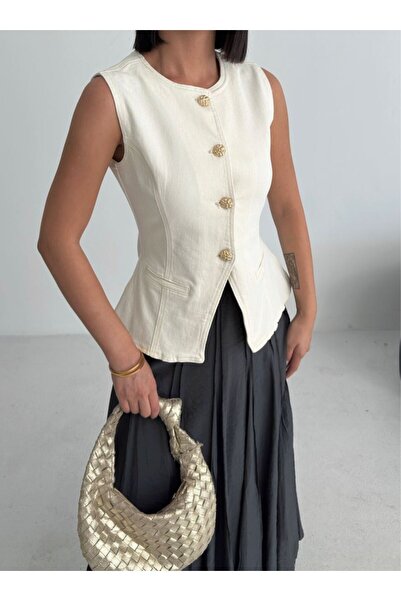 Coşkun GİYİM Γυναικείο γιλέκο με κουμπιά στη μέση NATURAL 6086-80