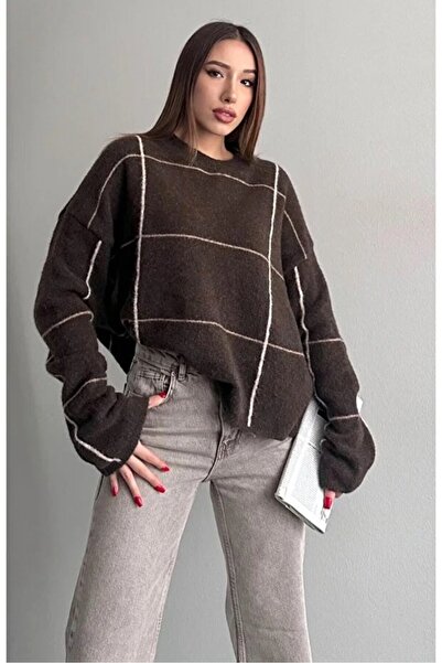 Coşkun GİYİM Women's Plaid Elite Sweater Brown 2613