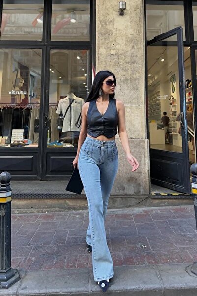 Coşkun GİYİM Γυναικείο τζιν παντελόνι με φαρδιά μπατζάκια Ισπανικού τύπου ΑΝΟ...