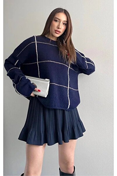 Coşkun GİYİM Women's Plaid Elite Sweater Dark Blue 2613