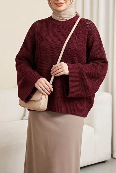 Modamorfo Bat Sleeve Openwork Knitwear Sweater -Burgundy