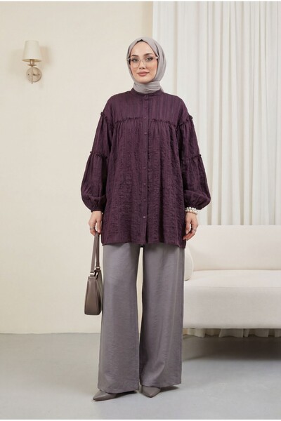 HİJABAYA Τουνίκ με ψηλό γιακά, ριγέ σε ασημί απόχρωση, με μανίκια μπαλόνι, ov...