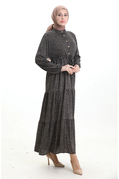 sefamerve Rochie cu guler mandarin și model floral 0197-03 Negru kaki