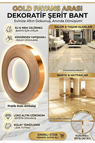 LOVYCO Fayans Arası Şerit Bant Kendinden Yapışkanlı Derz Bandı 50 M 1 Cm Gold