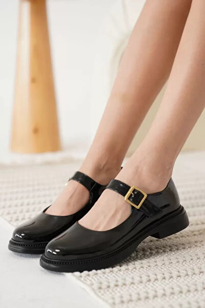 Belinora Μαύρα λουστρίνια παπούτσια Mary Jane με λεπτομέρεια με αγκράφα TR09M...