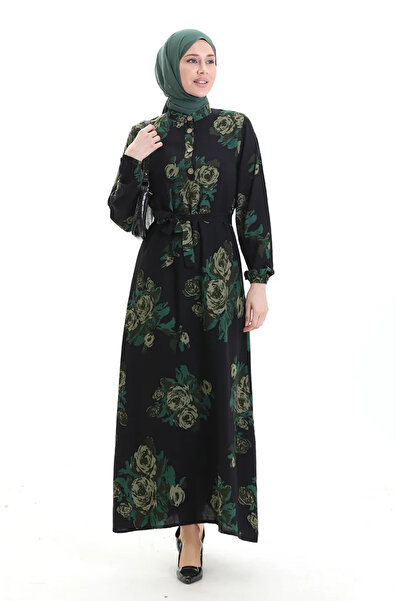 sefamerve Buttoned Patterned Belted Dress 2076-03 Black Green