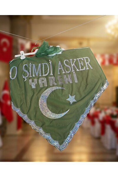 GÜVEN O Şimdi Asker Yeşil Renk İsme Özel Şal Simli Asker Şalı Eldiven Takım