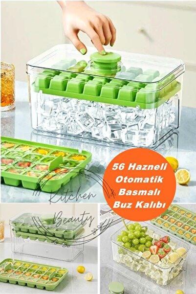 Kitchen Beauty Otomatik Basmalı 56 Hazneli Kapaklı Buz Kalıbı Çift Bölmeli Buz Kalıbı Şekilli