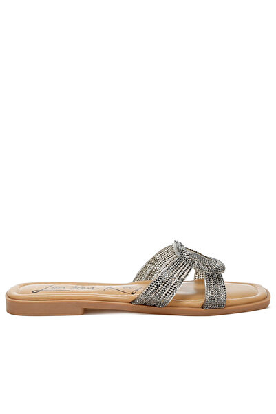 london Rag Women Rhinestones Embellished Flat Sandals in Metallic Black
