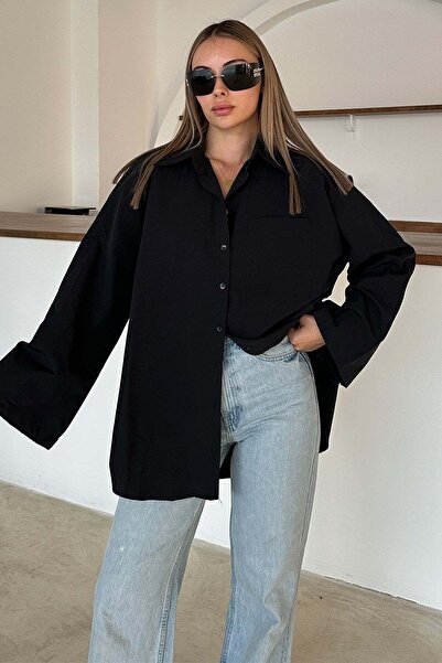 Olcay Spanisches, lockeres Baumwollhemd SCHWARZ 9365