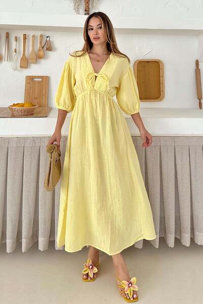 Olcay Φόρεμα μουσελίνας με ελαστική μέση με λεπτομέρεια με μισό μανίκι ΚΙΤΡΙΝ...