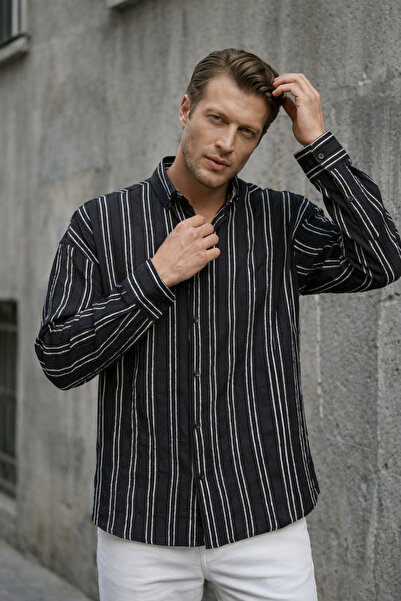 İLKCET MODA Thick Black Striped Wrinkle Effect Men's Shirt