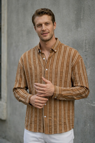 İLKCET MODA Thick Brown Striped Wrinkle Effect Men's Shirt