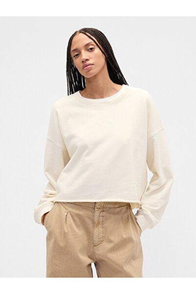 GAP Kadın Beyaz Heavyweight Fransız Havlu Kumaş Logo Crop Sweatshirt