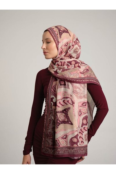 Ayshara Glazed Motifs Ethnic Patterned Single-Sided Shawl - Rose Burgundy