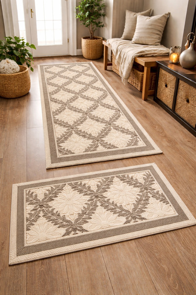OEM Set 1+1 Covoare țesute din bumbac, 55x85cm + 80x200cm, Cappuccino, cod CB227