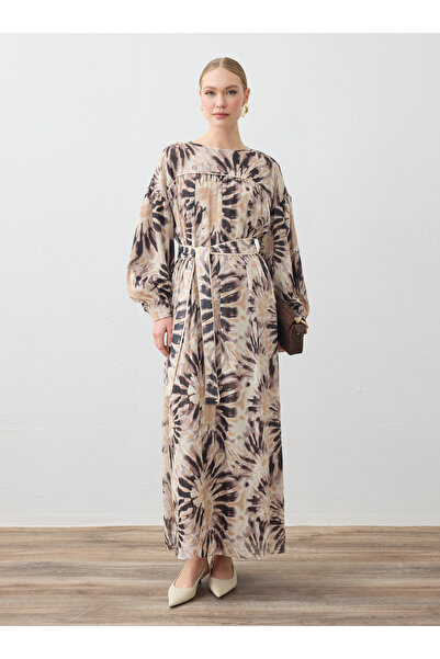 Refka Roba Detailed Belted Chiffon Hijab Dress - Abstract Zebra Pattern -