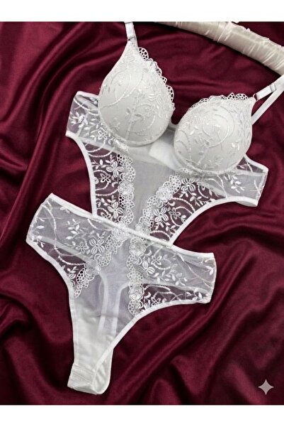 Gold Night Γυναικείο ολόσωμο κορμάκι με λευκή δαντέλα και διαφανές σουτιέν με...