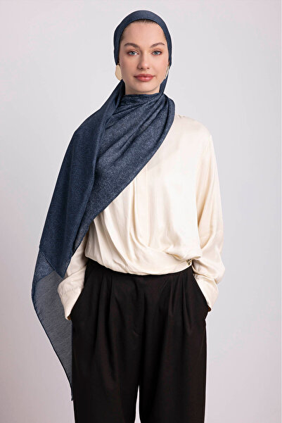Ayshara Bengi Monogram Plain Patterned Double-Sided Shawl - Dark Blue Navy Blue