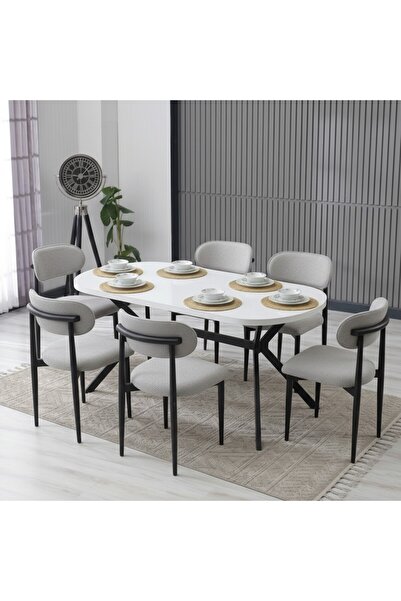 JoyMassa LUNA ARYA YEMEK MASASI TAKIMI / 6 KİŞİLİK 90X170 MDF MASA & POLO SAN...