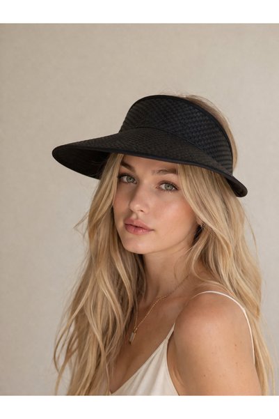 Şirin Giyim Aksesuar Straw Black Visor Hat with Wide Brim Open Top - Golf Ten...