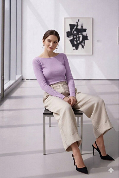 NO 601 Γυναικεία ανοιχτό λιλά μπλούζα με λαιμόκοψη σκάφους, στενή εφαρμογή, μ...