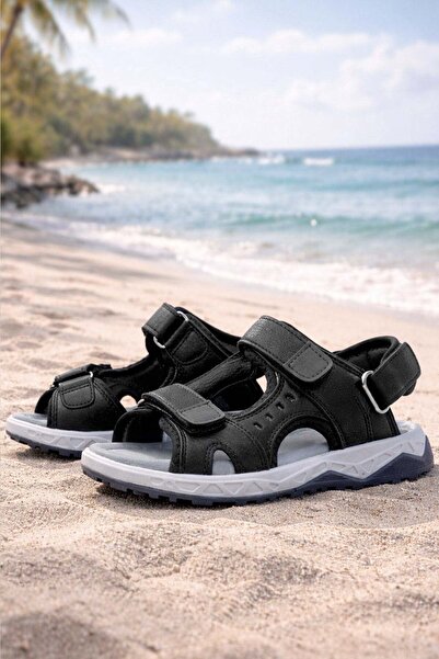 Rakerplus Black Genuine Leather - Comfortable Sole Velcro Children's Sandals