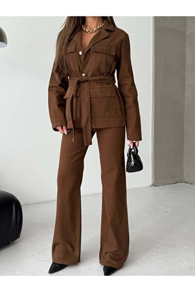 HerTon Γυναικείο Καφέ Βαμβακερό Σετ Παντελόνι και Μπουφάν – Ψηλόμεσο Φαρδύ Πα...