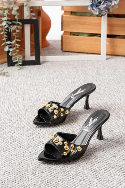 v.s.h velvet Γυναικείες Παντόφλες Χρυσές Χάντρες Τακούνι 7cm Μυτερό Μύτη