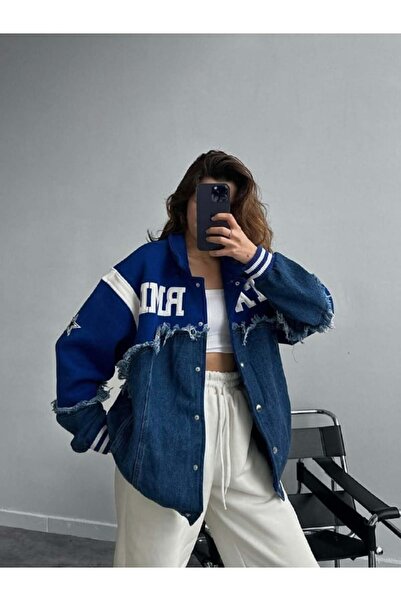 HerTon Oversize Parçalı Tasarım Denim & Fleece Bomber Ceket