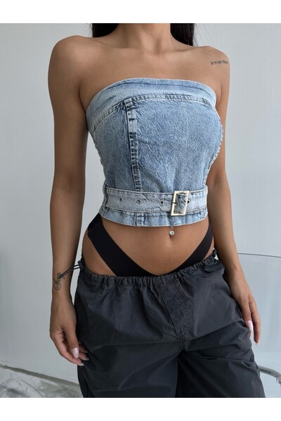 HerTon Γυναικείο τζιν μπούστο με ζώνη - Τζιν κορσέ με φερμουάρ στην πλάτη