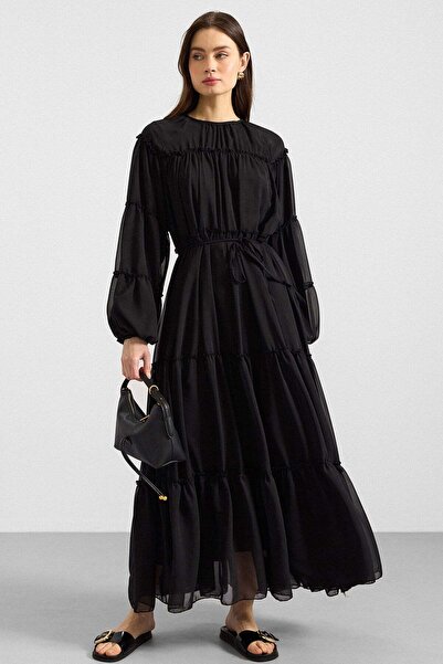 Olcay λεπτομέρεια με σούρες Φόρεμα σιφόν ΜΑΥΡΟ 9416-E