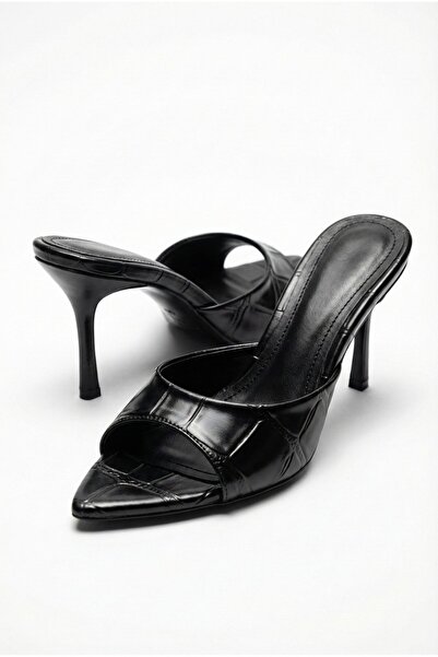 GİAMGİA STORE Kadın Siyah Kroko Rugan Sivri Burun Tek Bantlı Stiletto Topuklu...