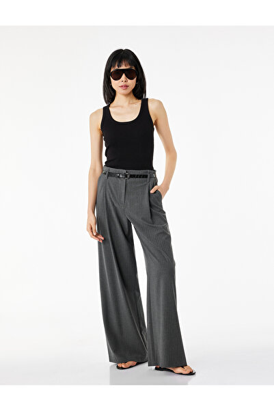Koton Pleated Straight Wide-Leg Belted Striped Fabric Trousers