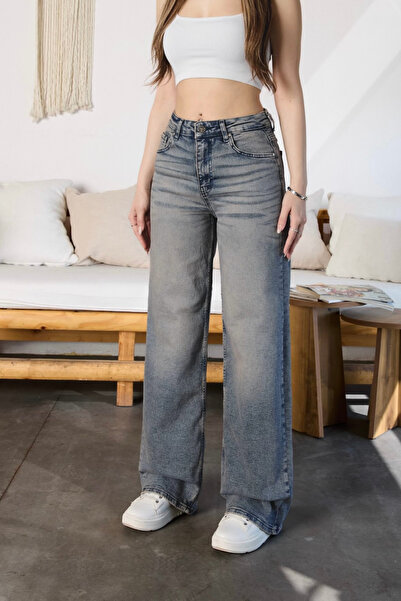 BİKELİFE Γυναικείο Pale Effect Vintage ψηλόμεσο φαρδύ τζιν