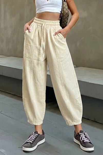 COMBİNE MİCHAİL Γυναικείο παντελόνι σαλβάρι εκρού με ελαστική μέση