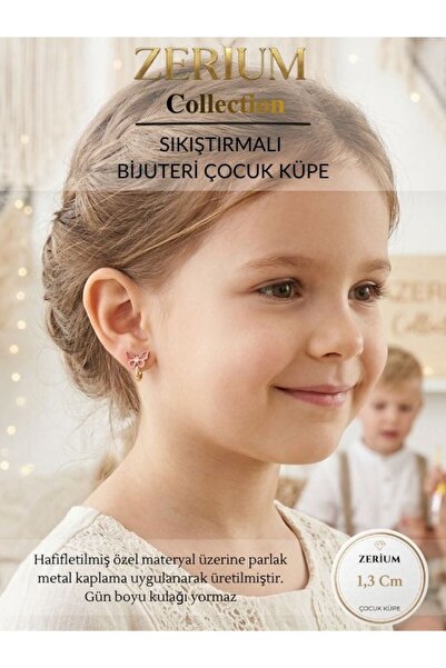 ZERİUM Kız Çocuk Sıkıştırmalı Küpe – Deliksiz Kulaklar İçin Pastel Kırmızı Ke...