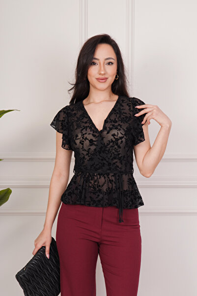 Hipo Trend Μαύρη μπλούζα με στάμπα φλοκ και δέσιμο στη μέση, με μηδενικά μανίκια