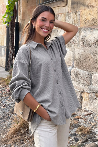 COMBİNE MİCHAİL Women's Cotton Pack Long Sleeve Oversized Gray Shirts