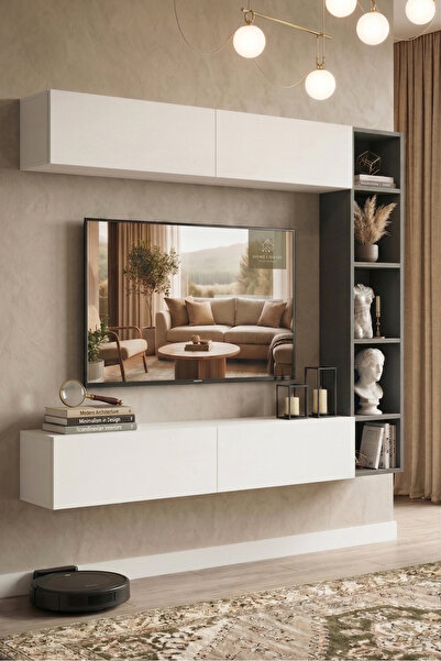 Yurudesign Cohen Tv Ünitesi Kitaplık Duvara Monte Beyaz-Antrasit CN1-WAN
