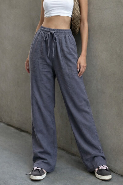 Kadın Beli Lastikli Füme Keten Pantolon