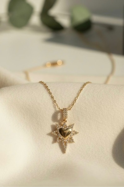 morbella Star Heart Detailed Necklace Gold Silver Stainless Steel Stone Detai...
