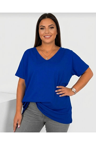 Barato Tricou premium din țesătură de bumbac cu decolteu în V Trend Plus Size