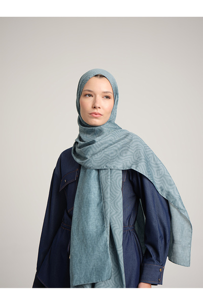 Ayshara Σιραζέ Μονόγραμμα Απλό Με σχέδιο Διπλής όψης Σάλι - Τιρκουάζ Μπλε